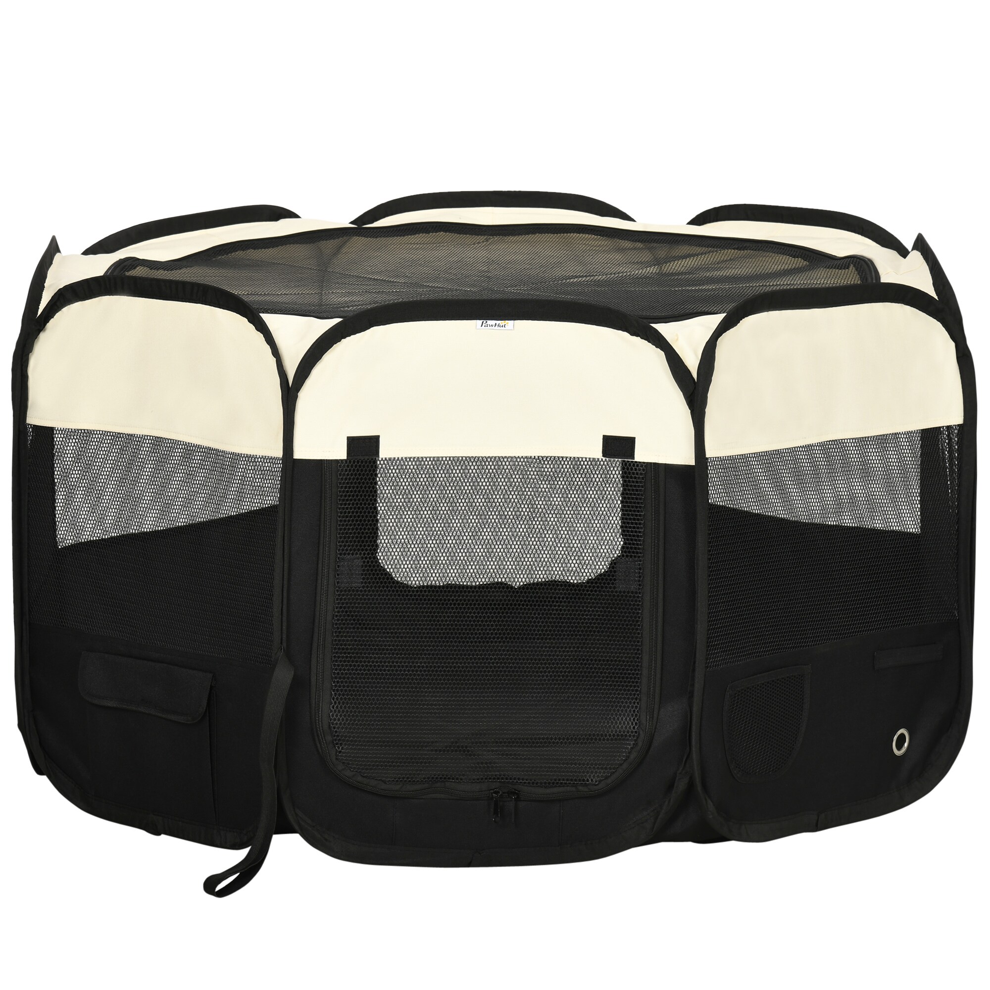 PawHut Welpenlaufstall mit Schutznetz schwarz, weiß 118L x 118B x 62H cm