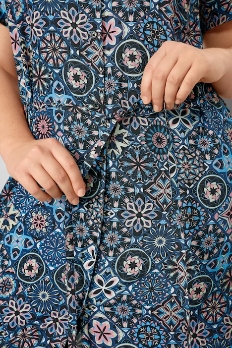 Midikleid, Alloverdruck, Hemdkragen, Knopfleiste, Bindegürtel, Halbarm