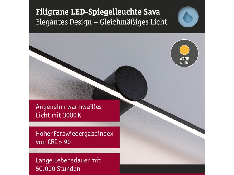 Paulmann Spiegelleuchte LED Sava 7.5W Schwarz Spiegelrohrleuchte mit Schutzart IP44