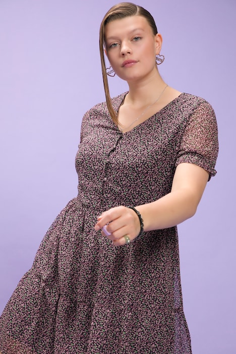 Millefleurs-Kleid, A-Line, V-Ausschntt, Halbarm, Unterkleid
