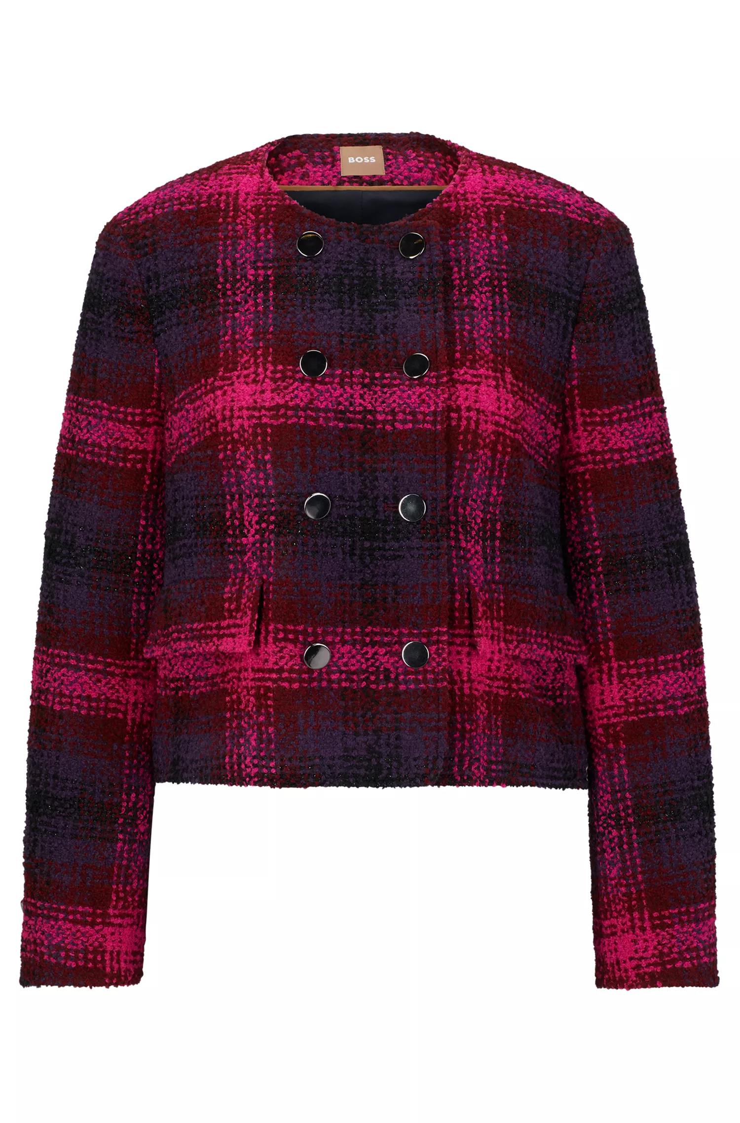 Jaqueta BOSS preta de corte slim em tweed com estampa xadrez Glen degradê.