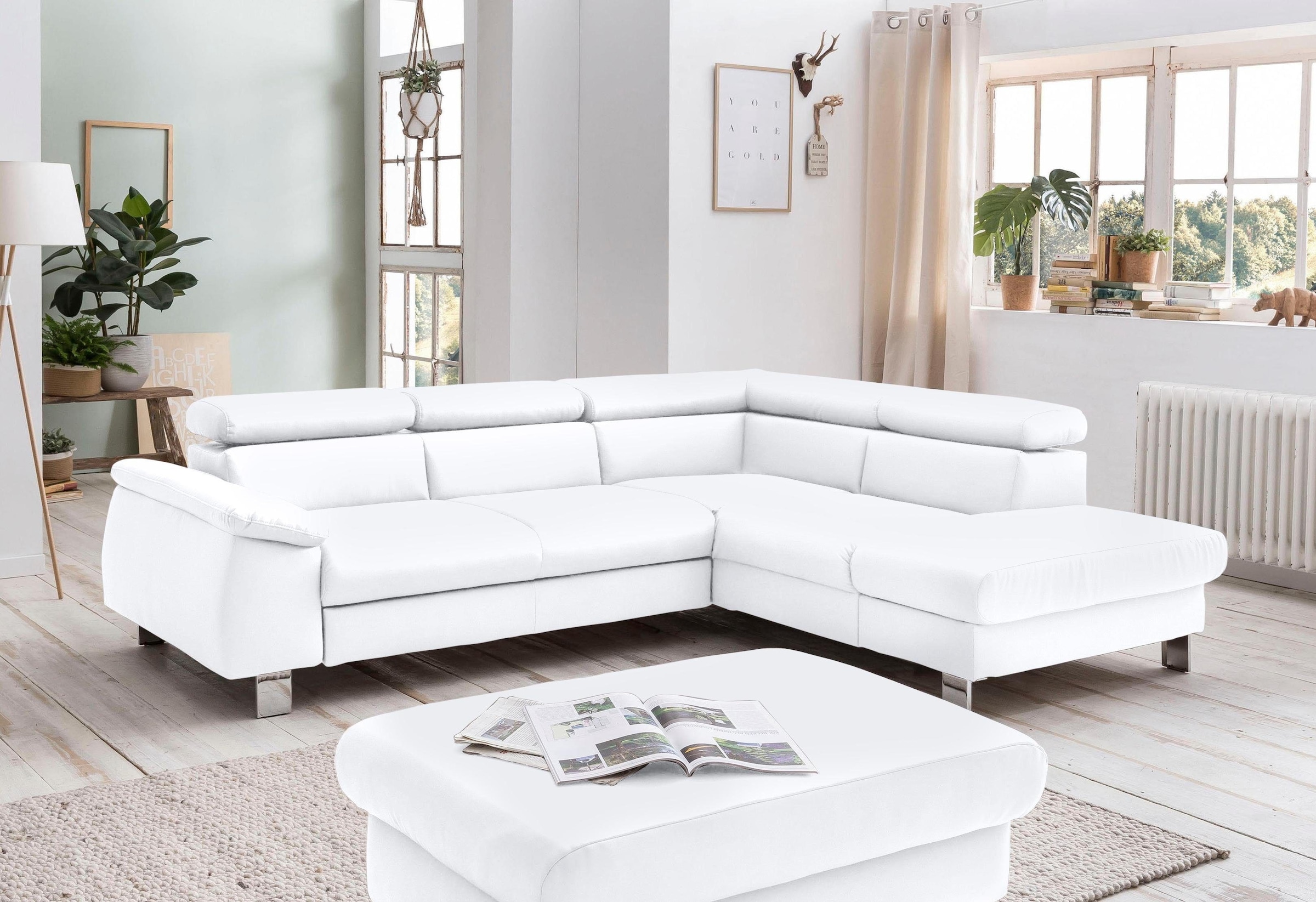 COTTA Polstergarnitur »Komaris L-Form, B: 249 bzw. 100 cm (Set: Ecksofa & Hocker)« Set,  mit Kopfteilverstellung, optional Bettfunktion, Bettkasten & Licht