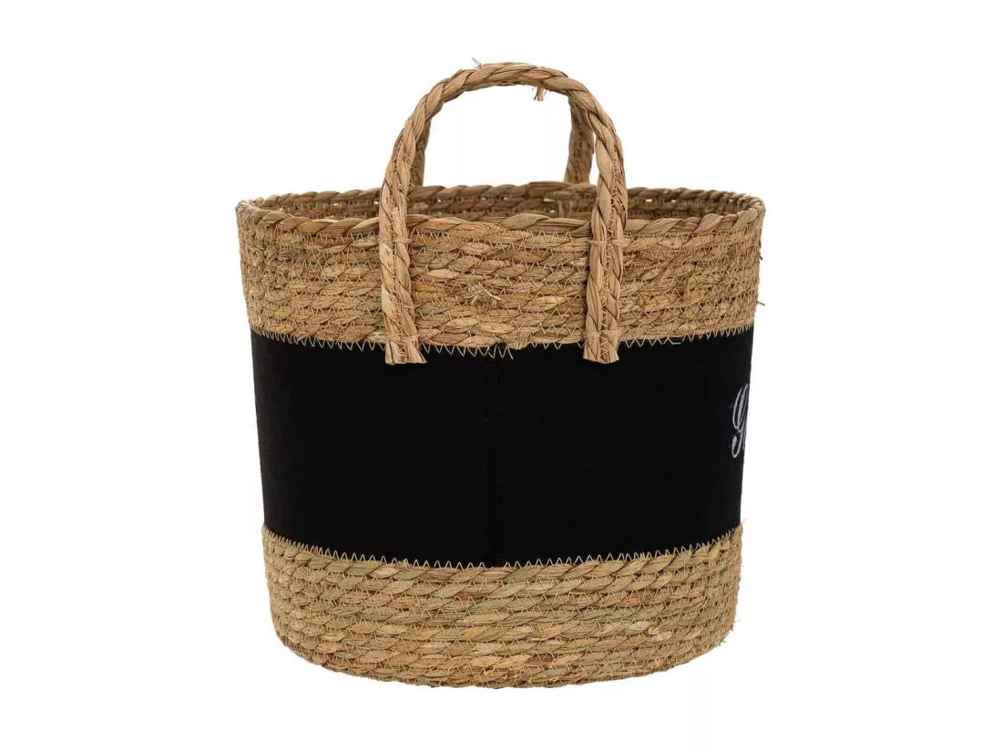 Panier en fibre naturelle et coton noir d31,5x25,5/33h