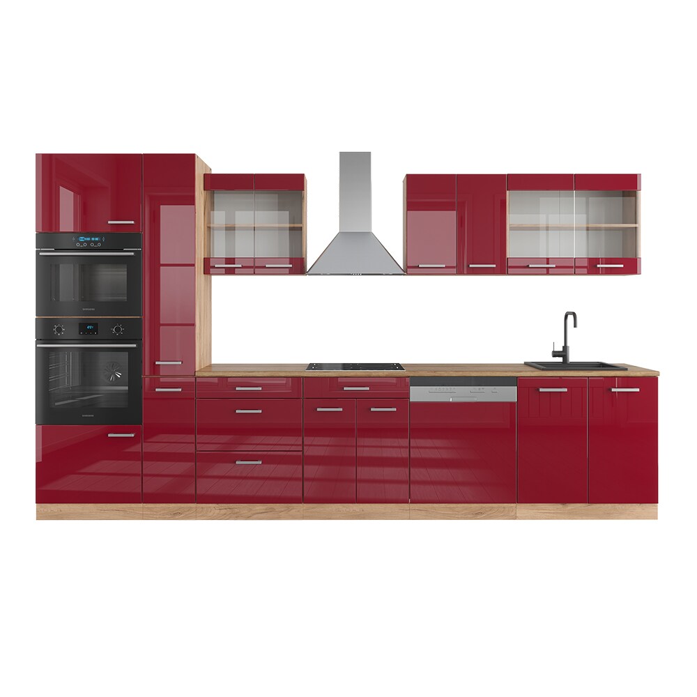 Vicco Küchenzeile Küchenblock Einbauküche R-Line 350 cm Eiche Bordeaux Hochglanz Küche