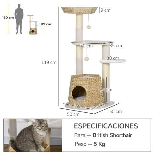 Arranhador de madeira natural de sisal PawHut para gatos.