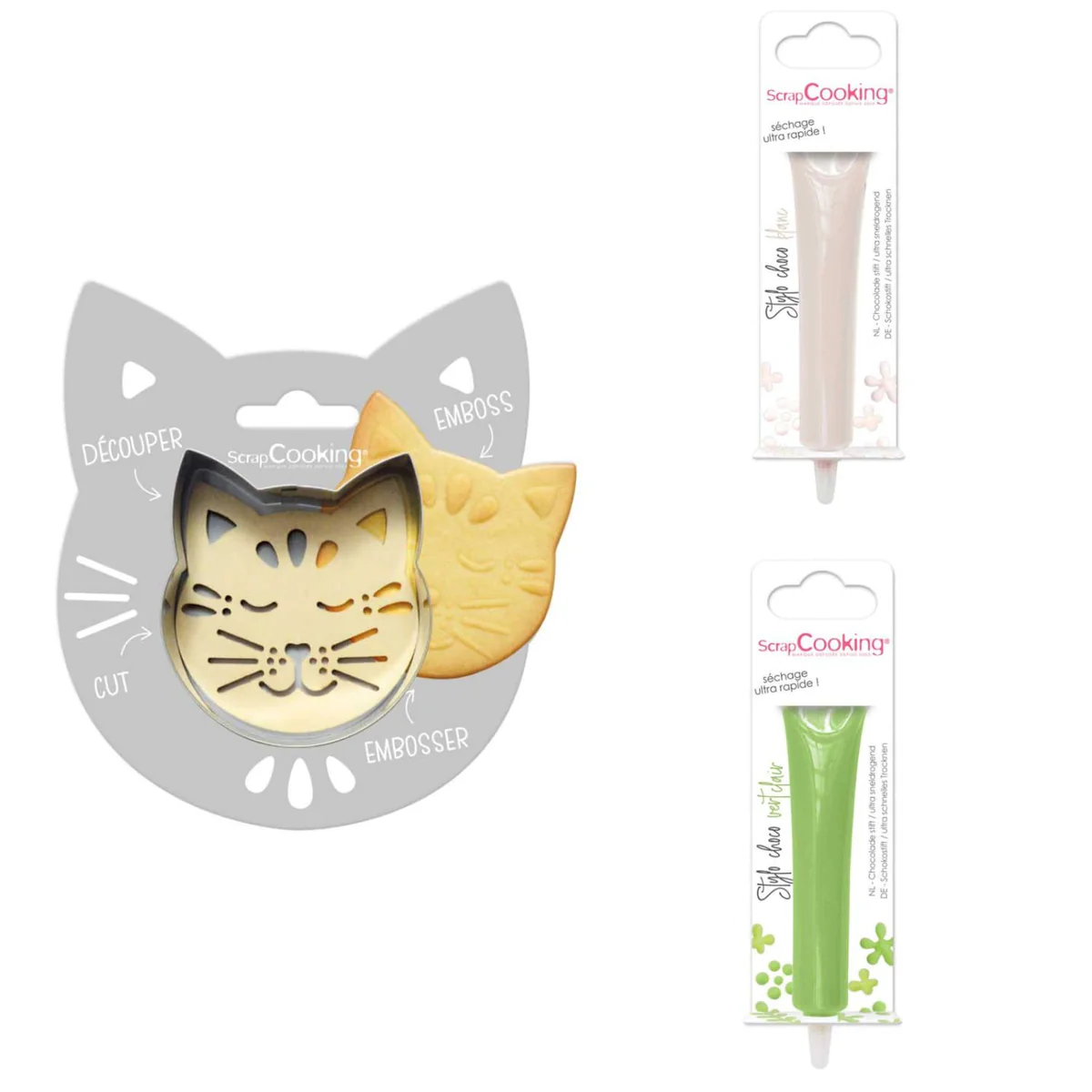 Kit pour biscuit en relief Chat + 2 Stylos au chocolat blanc et vert c