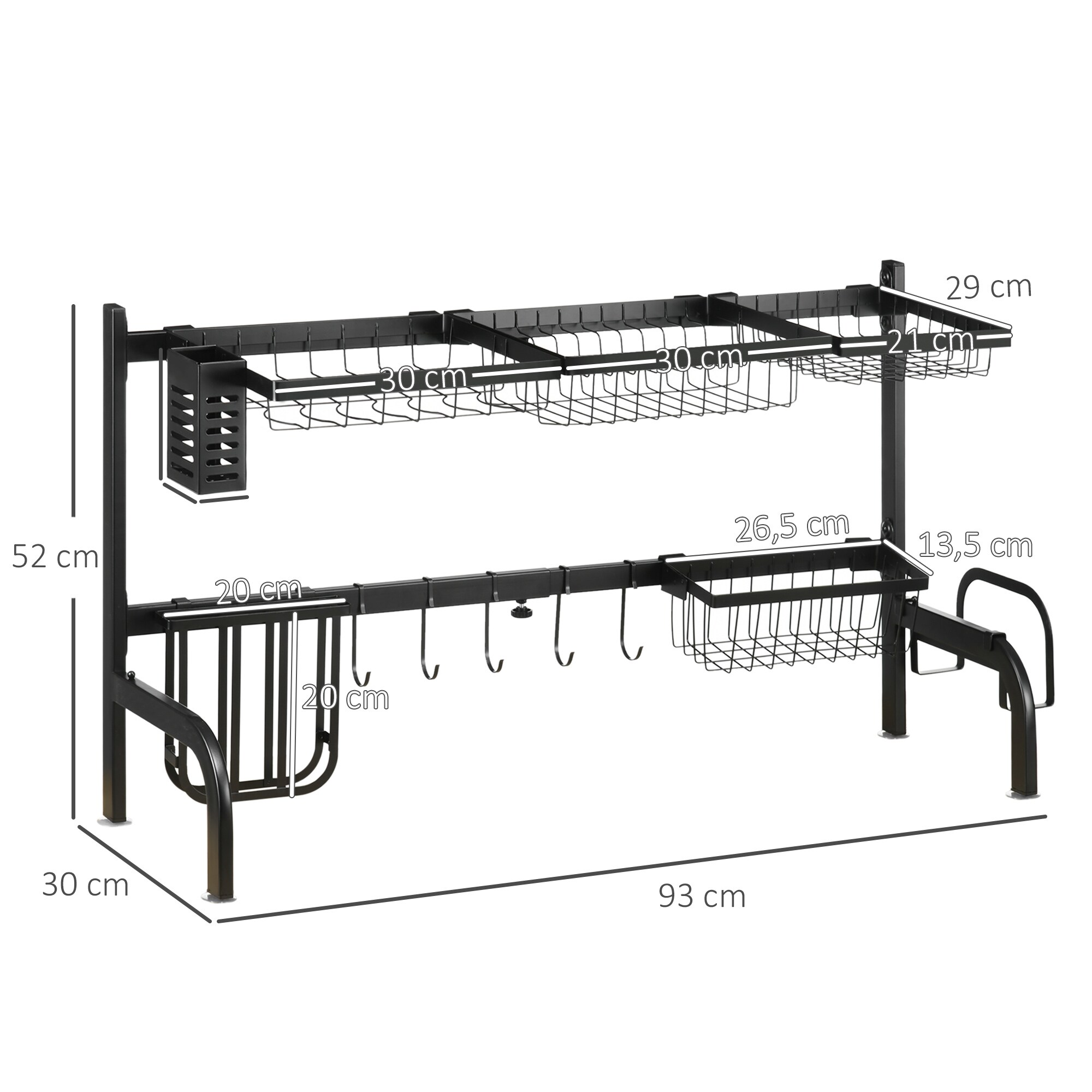 HOMCOM Abtropfgestell mit Haken und mehreren Ablageflächen schwarz 93L x 30B x 52H cm