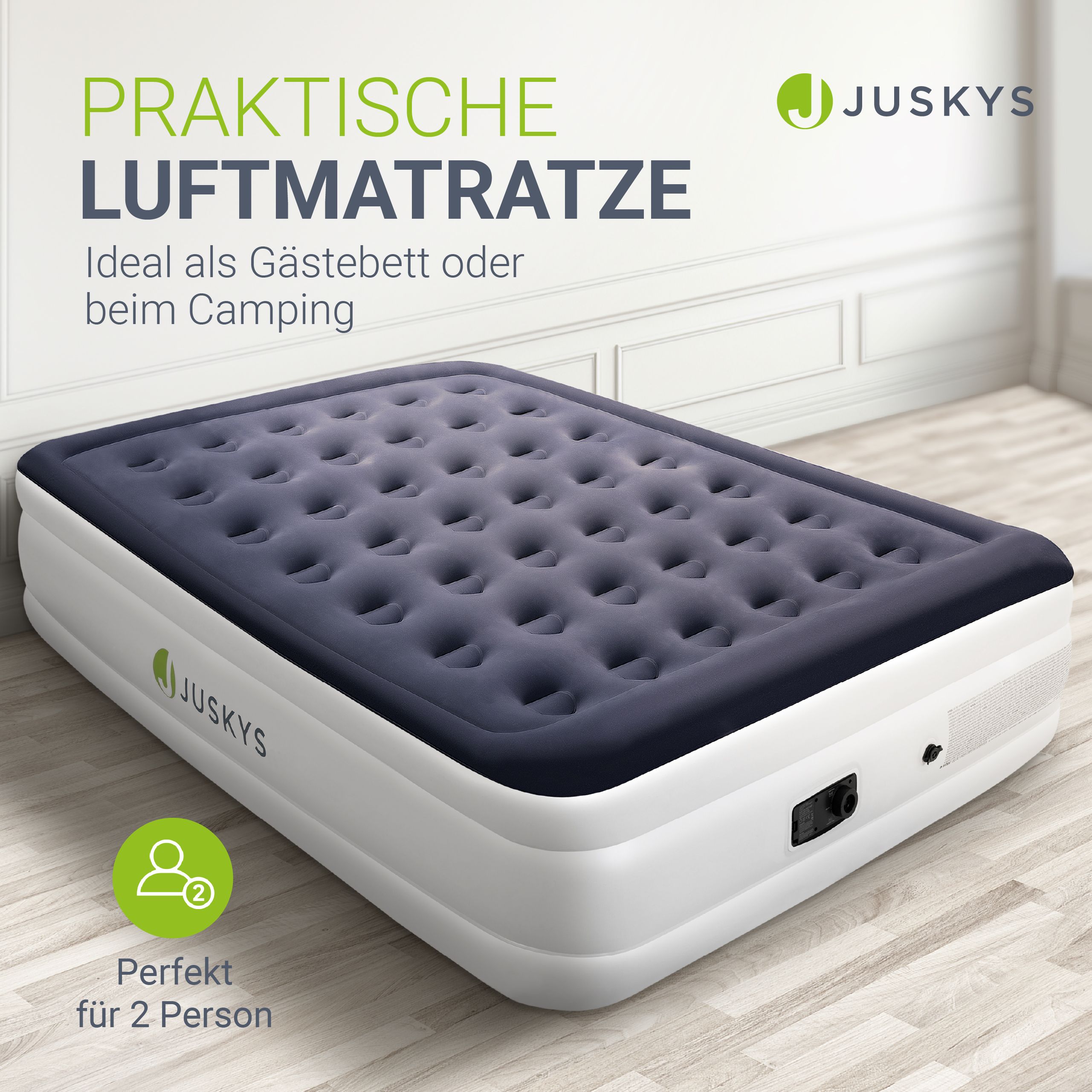 Juskys Luftmatratze Sapri L in Blau-Weiß - 2 Personen Luftbett selbstaufblasend - integrierter Pumpe