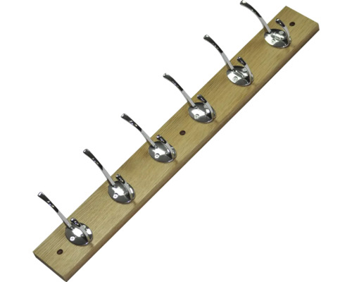 Kapstok met 6 haken, hout/metaal, glanzend/chroom, L x B x H 500/90/60 mm