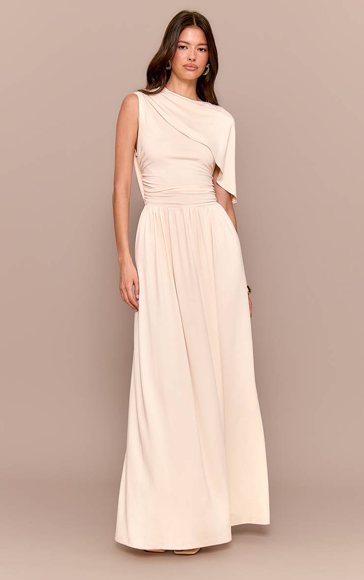 Crème Robe Longue Drapée À Fronces Superposées