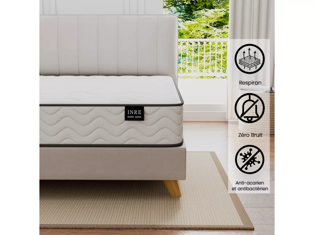 Matelas 140x200 cm - INRE, Ressorts ensachés, Solide et Confortable, certifié oeko-tex, épaisseur 22cm, 7 zones différenciées
