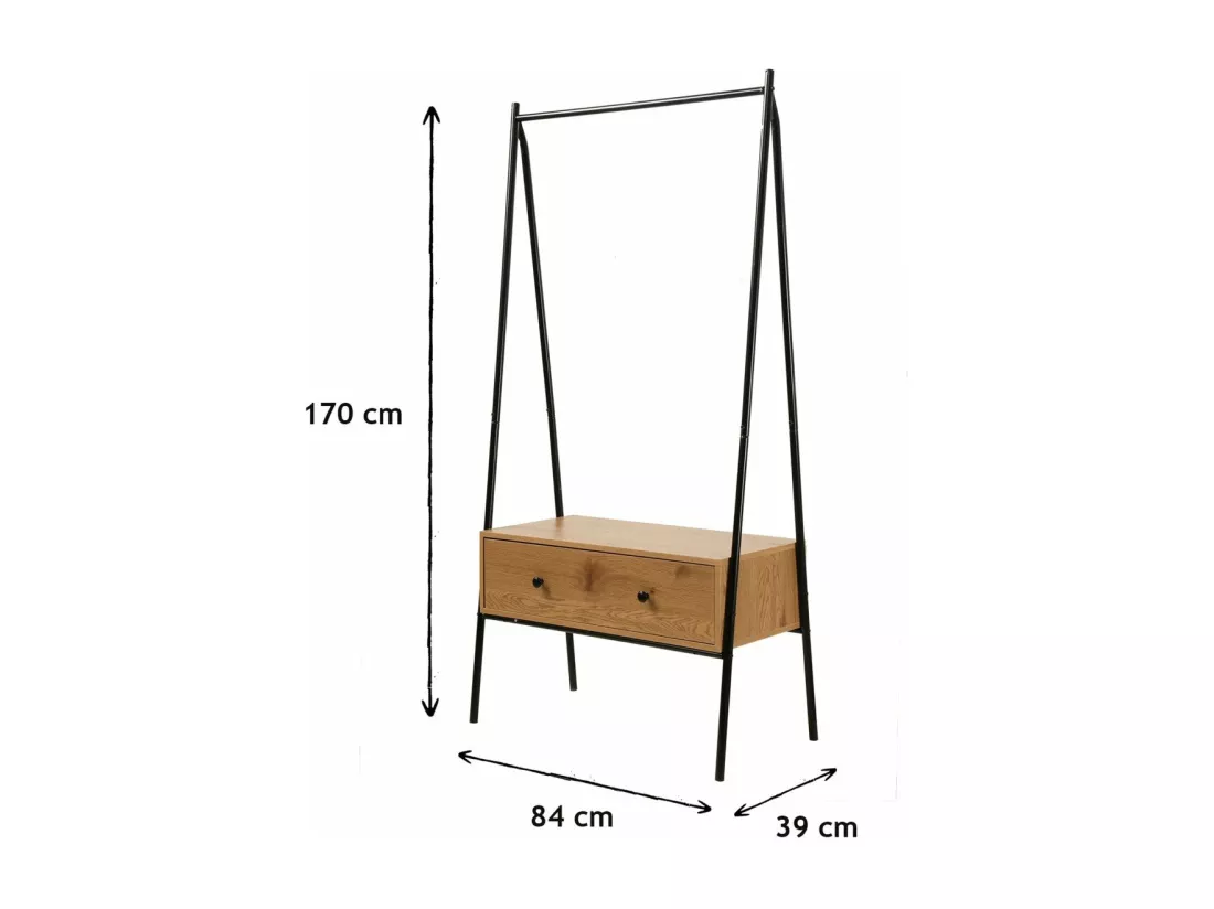 Penderie en métal Noir avec 1 Tiroir décor Chêne H170cm - JILL