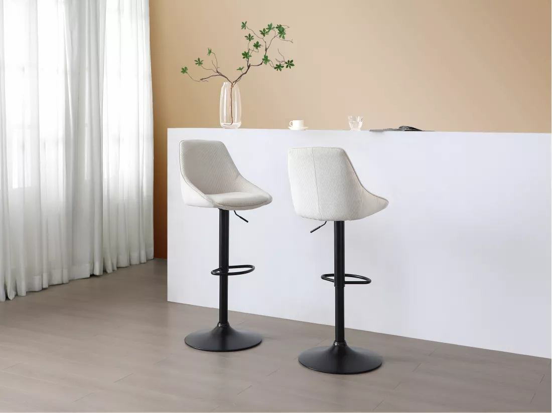 Lot de 2 tabourets de bar en velours côtelé et métal noir - Hauteur réglable - Crème - MASURIE