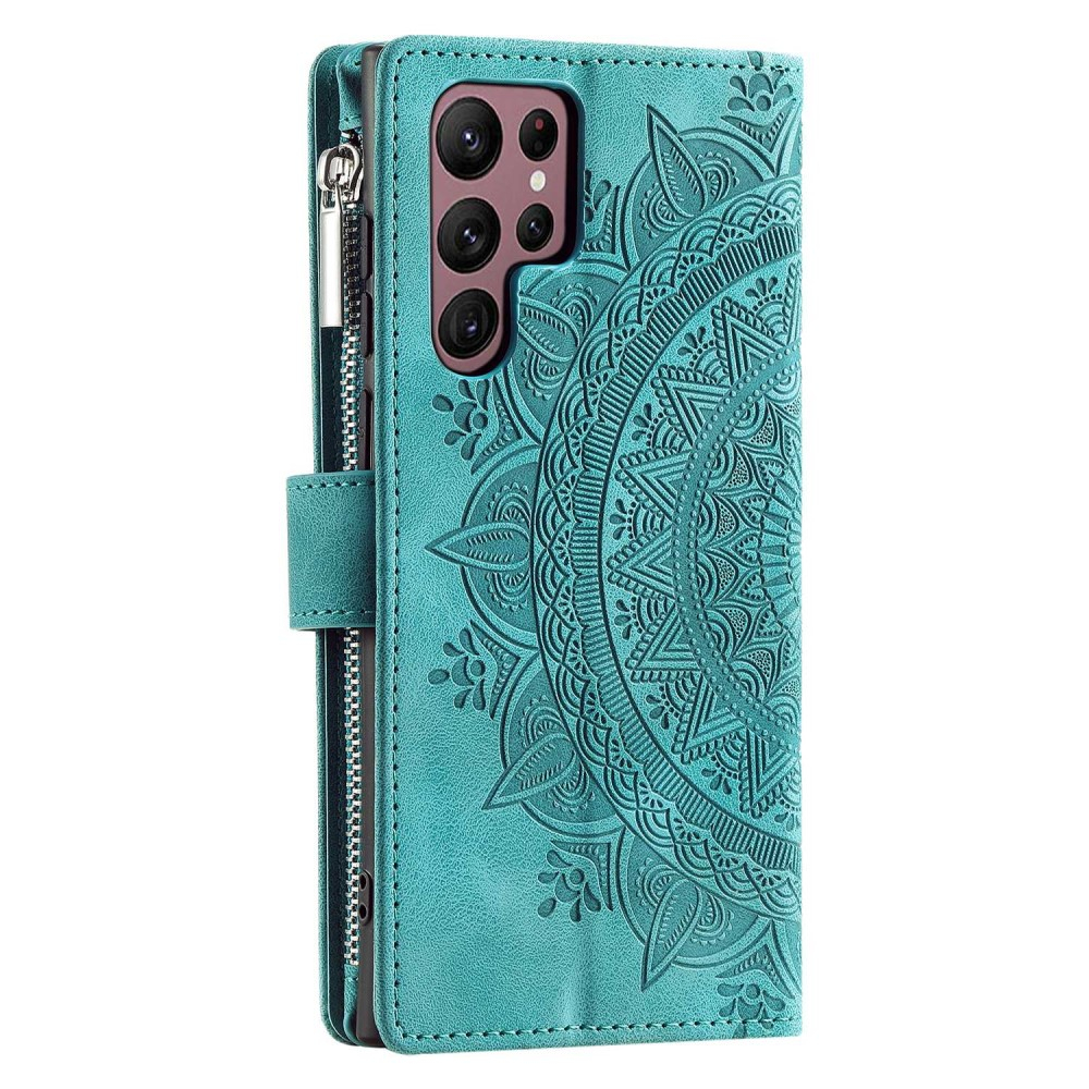 Samsung Galaxy S23 Ultra 5G Leder Tasche Flip Cover mit Reissverschluss - Mandala Flowers Imprint - Türkis