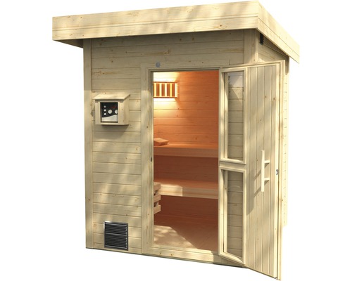 Weka Naantali saunacabine inclusief 9 kW kachel en externe bedieningseenheid, met houten deur en geïsoleerd glas.