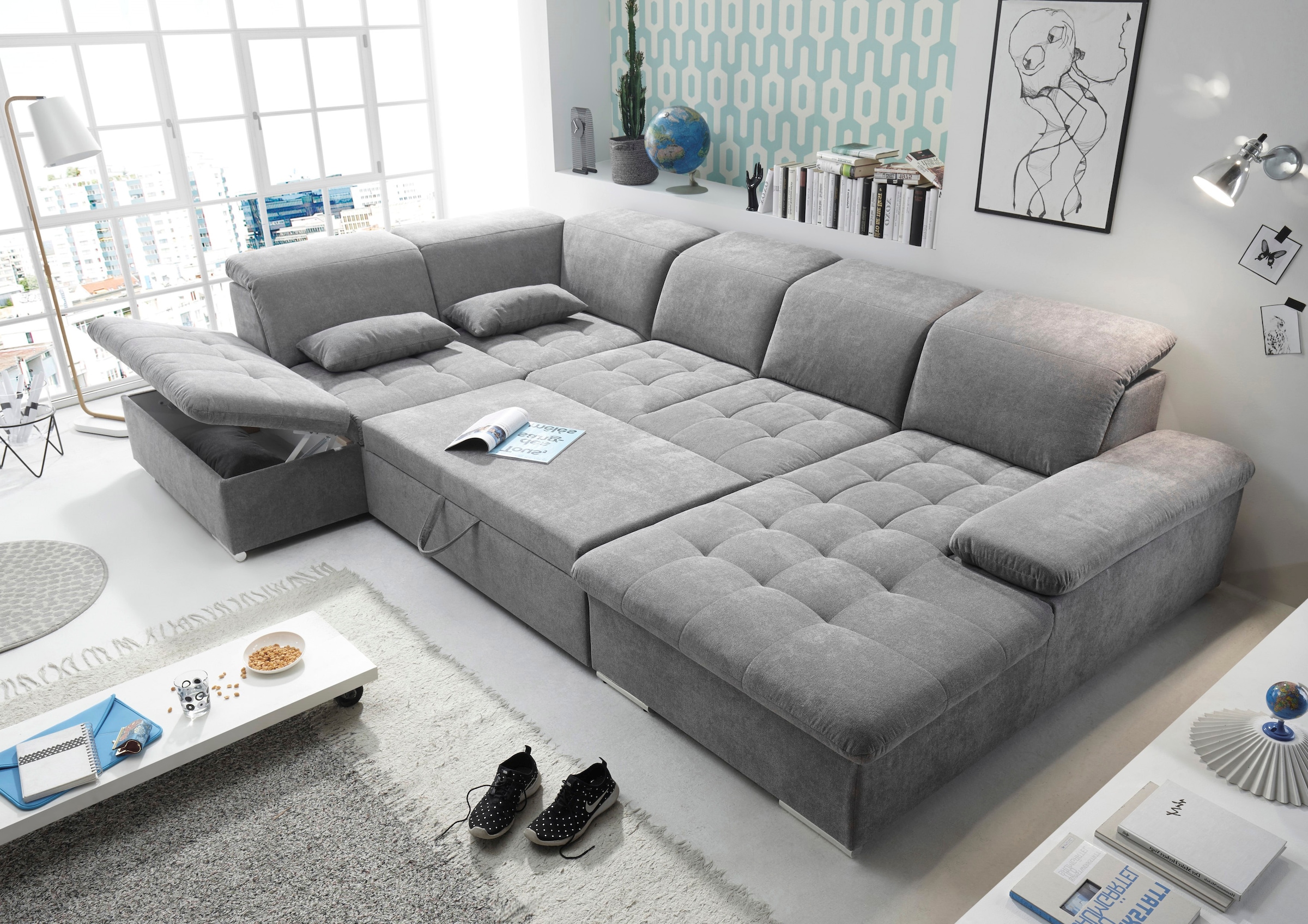 ED EXCITING DESIGN Wohnlandschaft »Wayne U-Form mit Bettfunktion, Bettkasten« Arm- und Kopfteilverstellung & 3 Nierenkissen