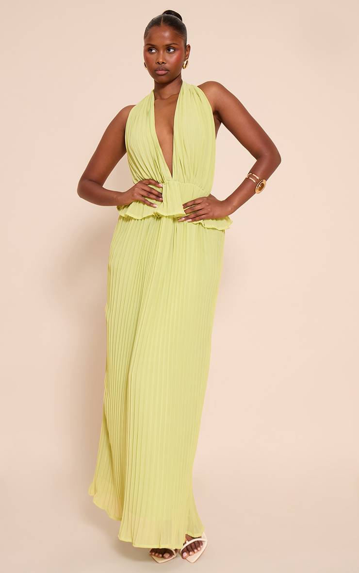 Citron Vert Robe Longue Plissée À Col Licou Avec Détails De Volants