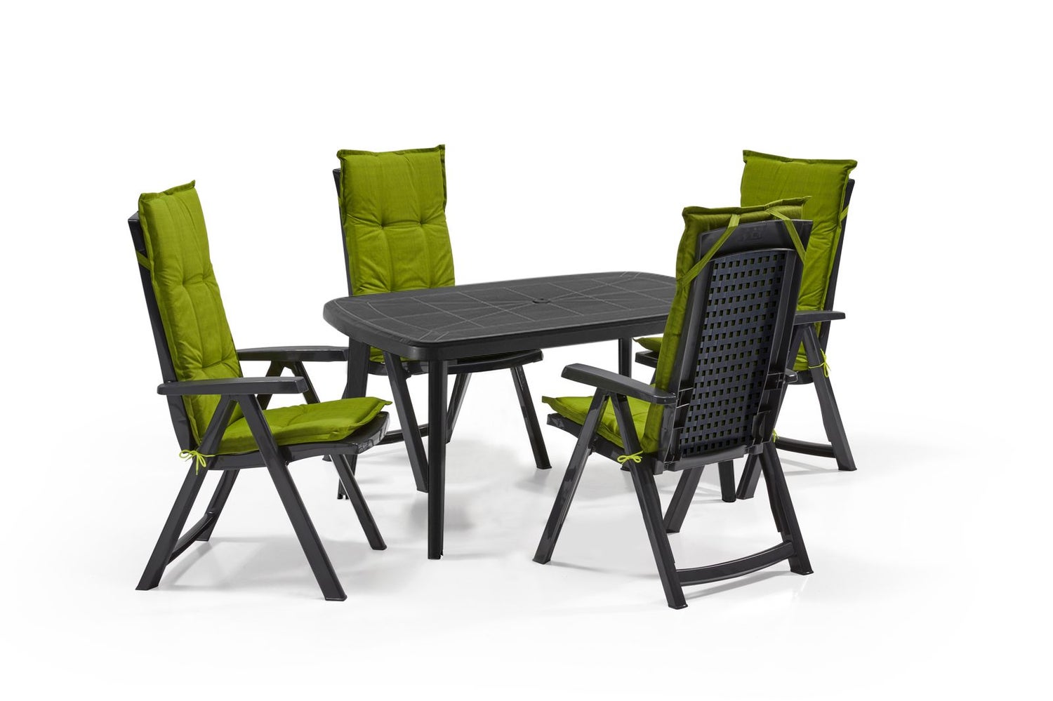 Shaf Milano 5-delige tuinmeubelset antraciet bestaande uit: 1 tafel en 4 klapstoelen met veiligheidsslot inclusief Madison kussen in groen