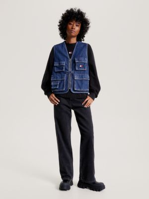 Colete utilitário casual com zíper em jeans desbotado