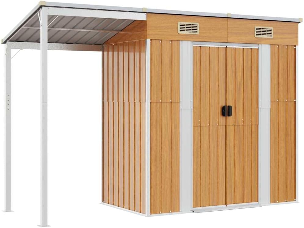 vidaXL Gartenhaus, Geräteschuppen mit Schleppdach Schrägdach, Gerätehaus für Gartengeräte Werkzeuge, Garten Metall Schuppen, Hellbraun Stahl