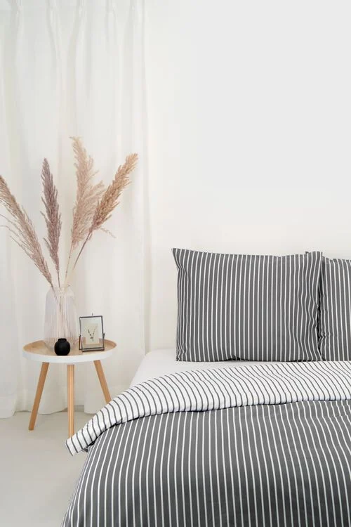 housse de couette coton doux 240x200/220 gris avec rayures larges et fines