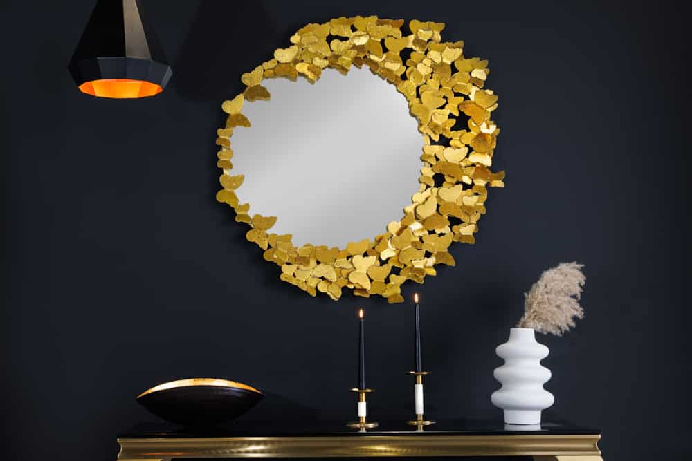 Dekorativer Wandspiegel BUTTERFLY 80cm gold Metall rund handmade Schmetterling Rahmen