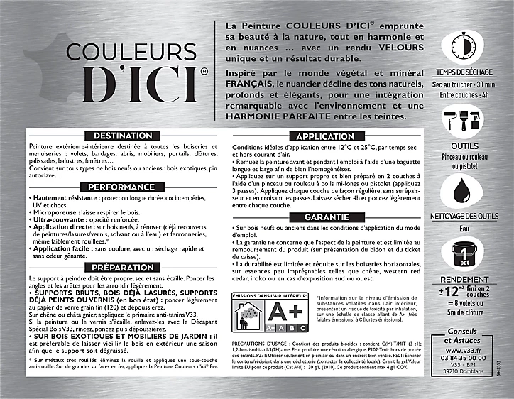 Peinture extérieure bois Couleurs d'ici beige nature Velours V33 0,125L