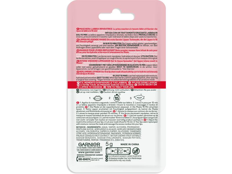 Garnier Lippentuchmaske Kirsche und Panthenol 5 g Intensive, feuchtigkeitsspendende Lippenmaske