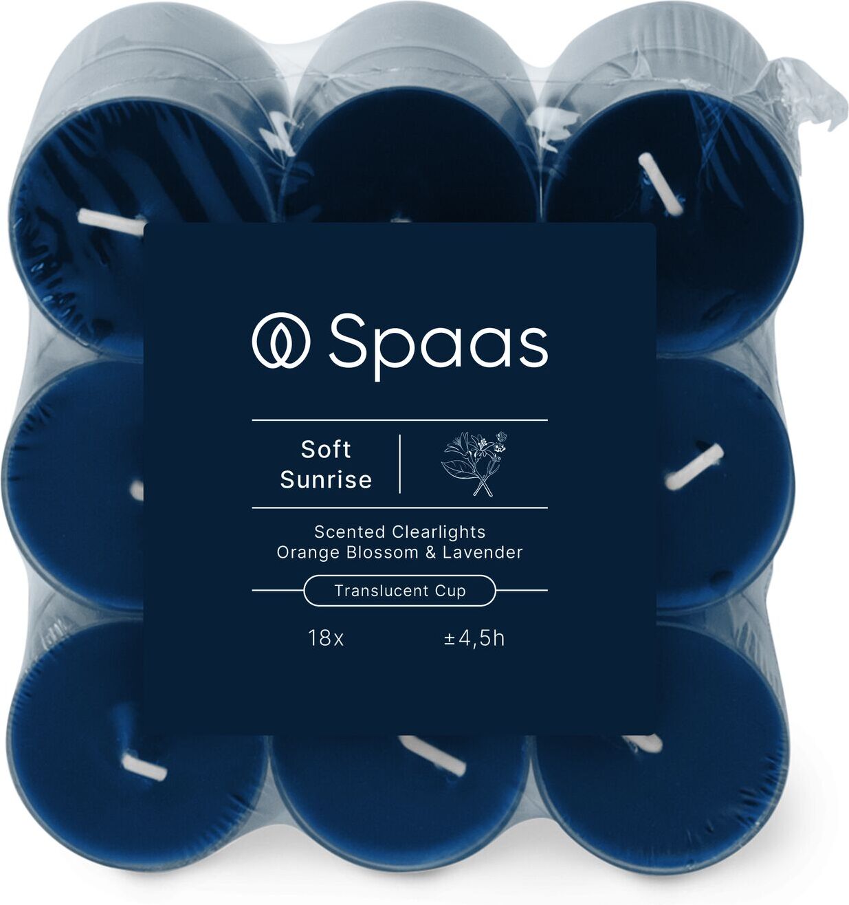 Spaas geurkaars Essential collection Soft Sunrise blauw 4,5 uur D 3,5 H 1,6 cm 18 stuks