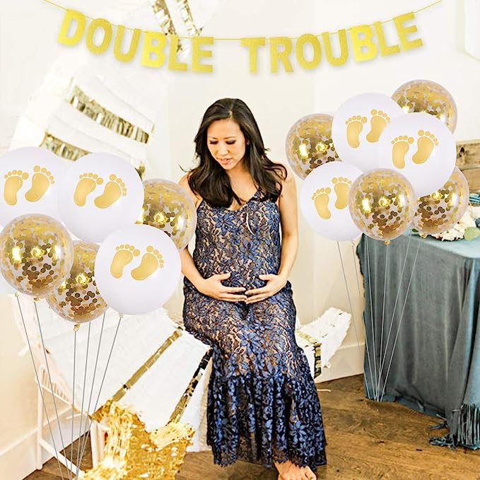 (32-tlg. Set) Zwillinge Baby Shower Party Deko Ballons / Girlande / Party Geschirr / Schärpe - Gold / Weiss