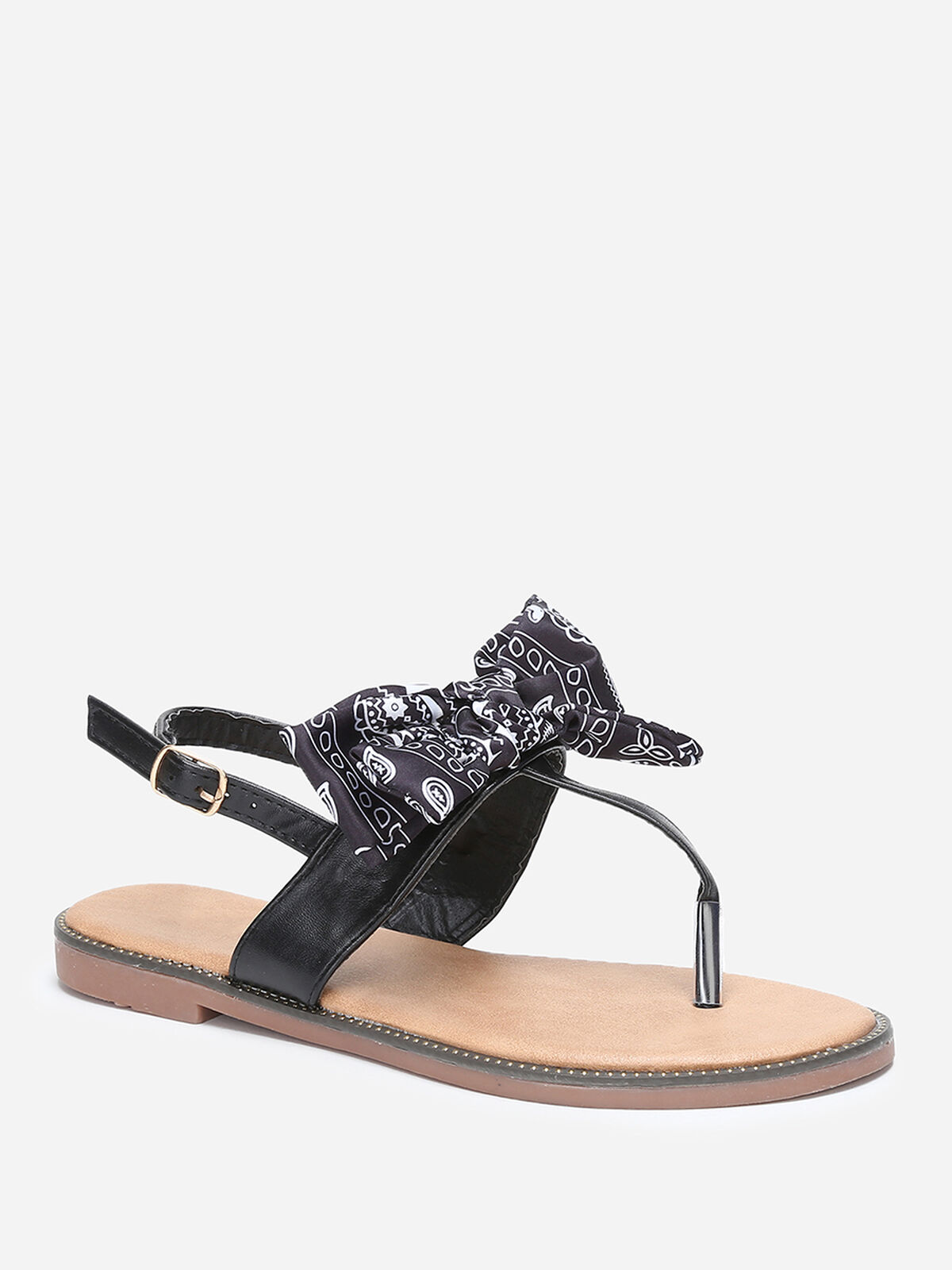 Nu-pieds à nœud en tissu imprimé- Noir