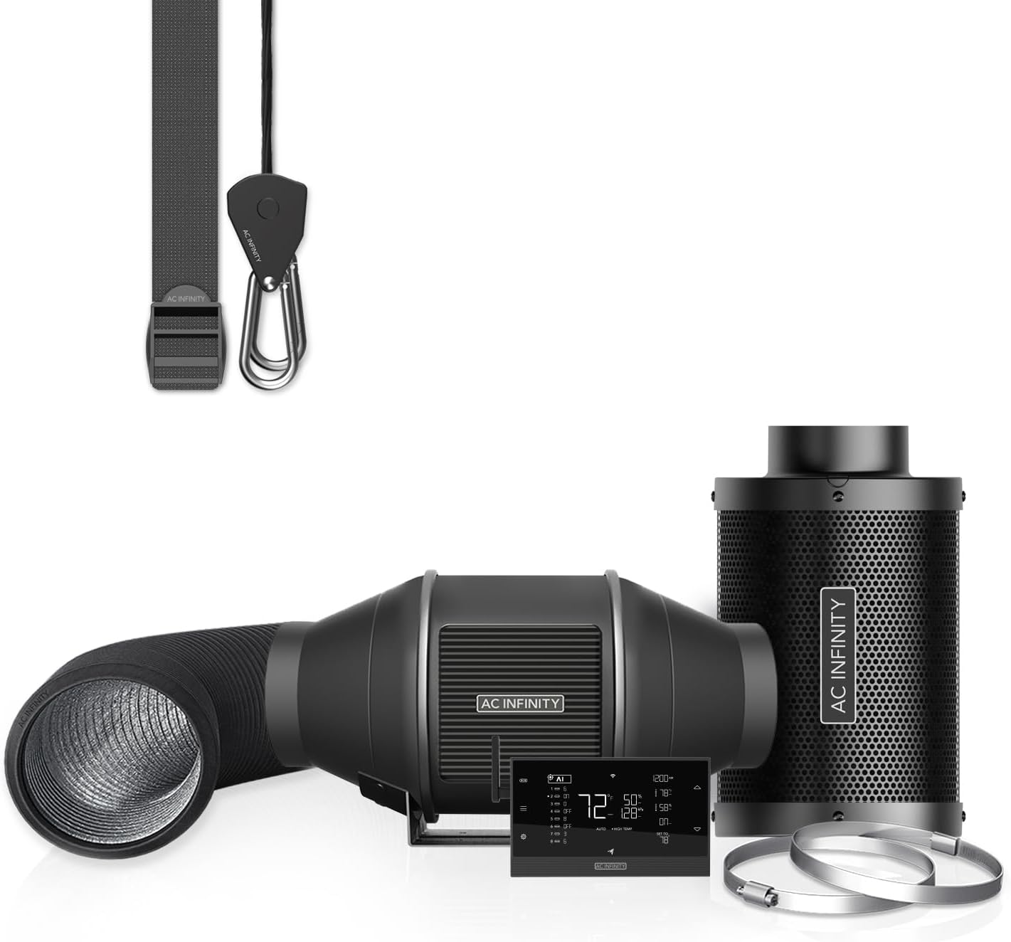 AC Infinity Luftfilter-Set PRO 100 mm – Abluftventilator mit Controller AI+, automatischer Leistungsanpassung, Aktivkohlefilter und Schlauch für Growzelte, Hydrokulturen und Indoor-Gärten