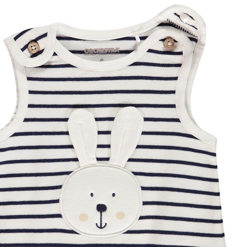Combinaison courte rayée avec patch lapin pour bébé garçon - Ecru