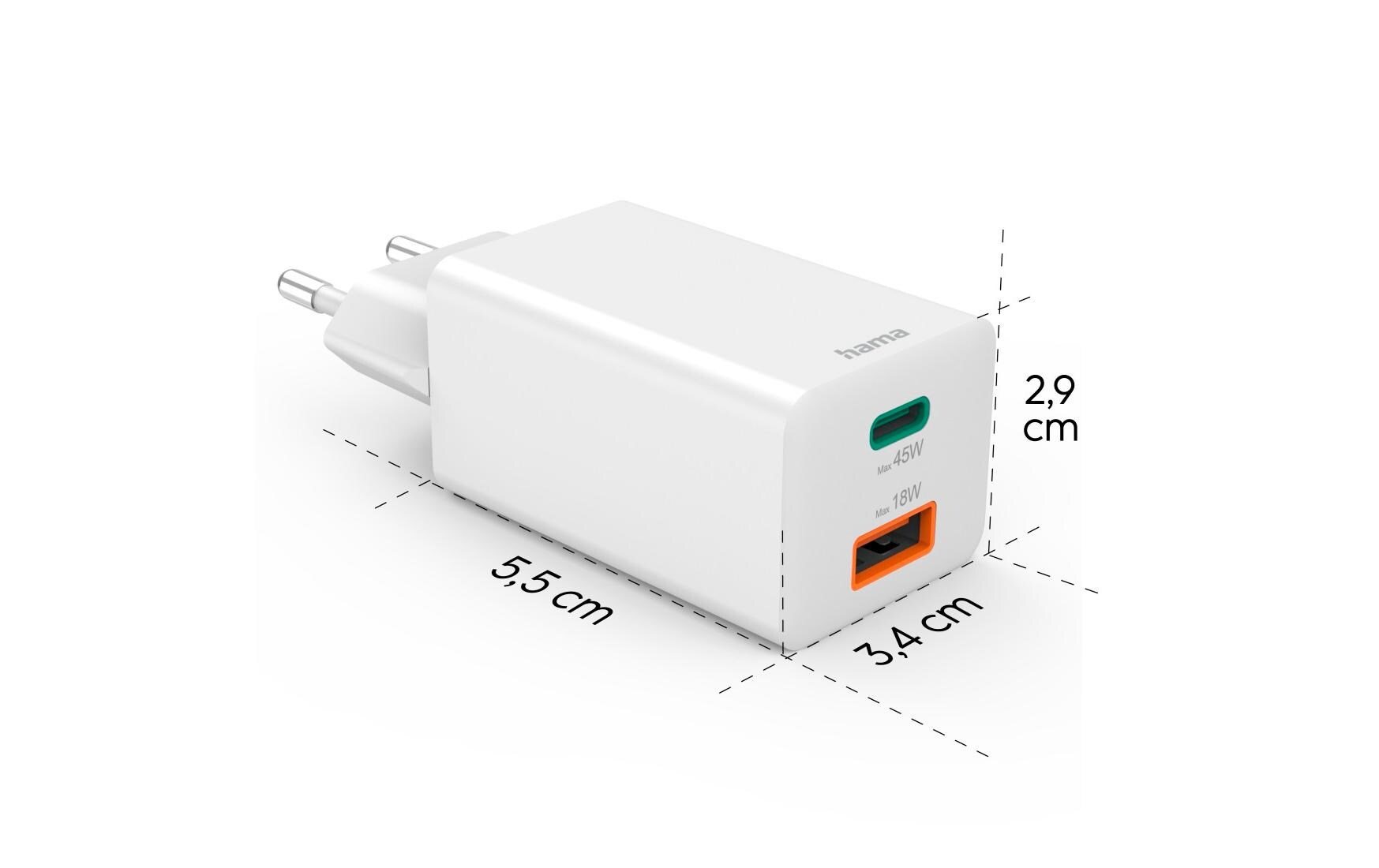 USB-Wandladegerät Gan charger USB-A USB-C 45 W WeissSchnellladegerät mit 1x USB-C und 1x USB-A