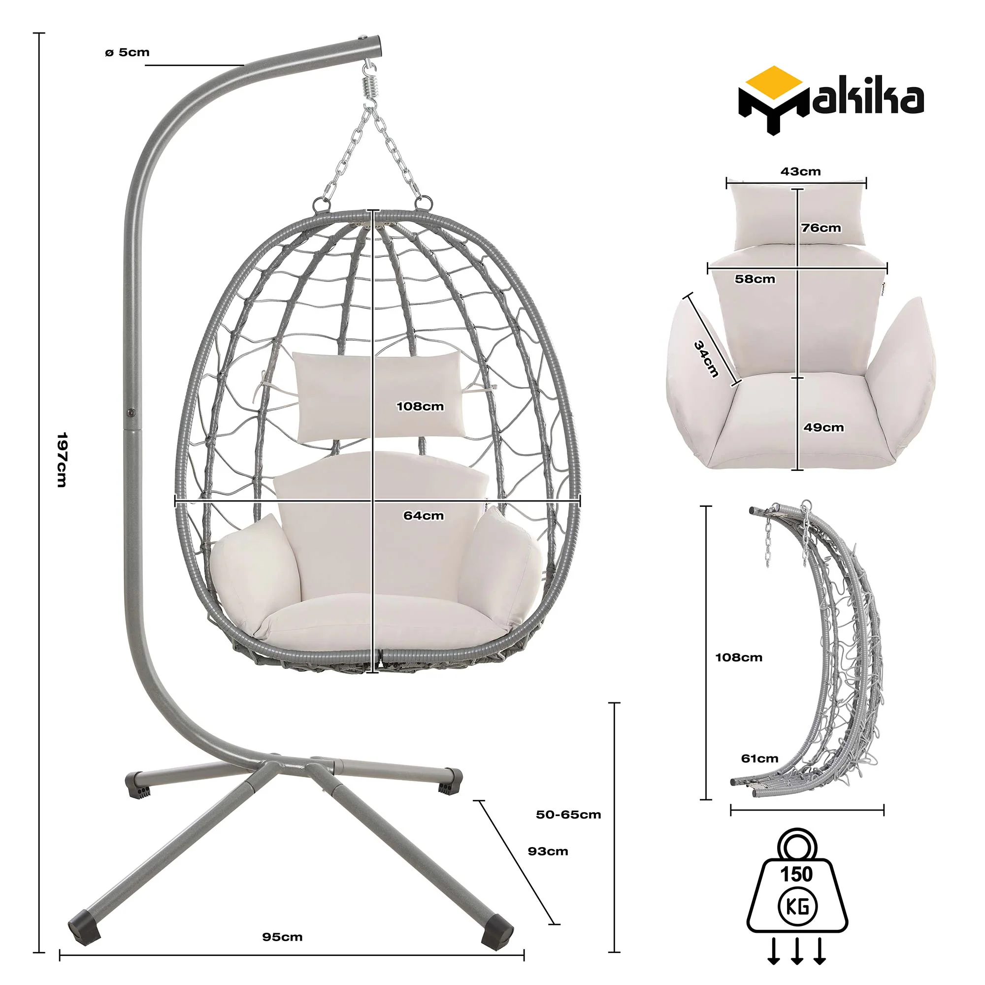 Makika Hängesessel mit Gestell höhenverstellbar aus Polyrattan in Silber