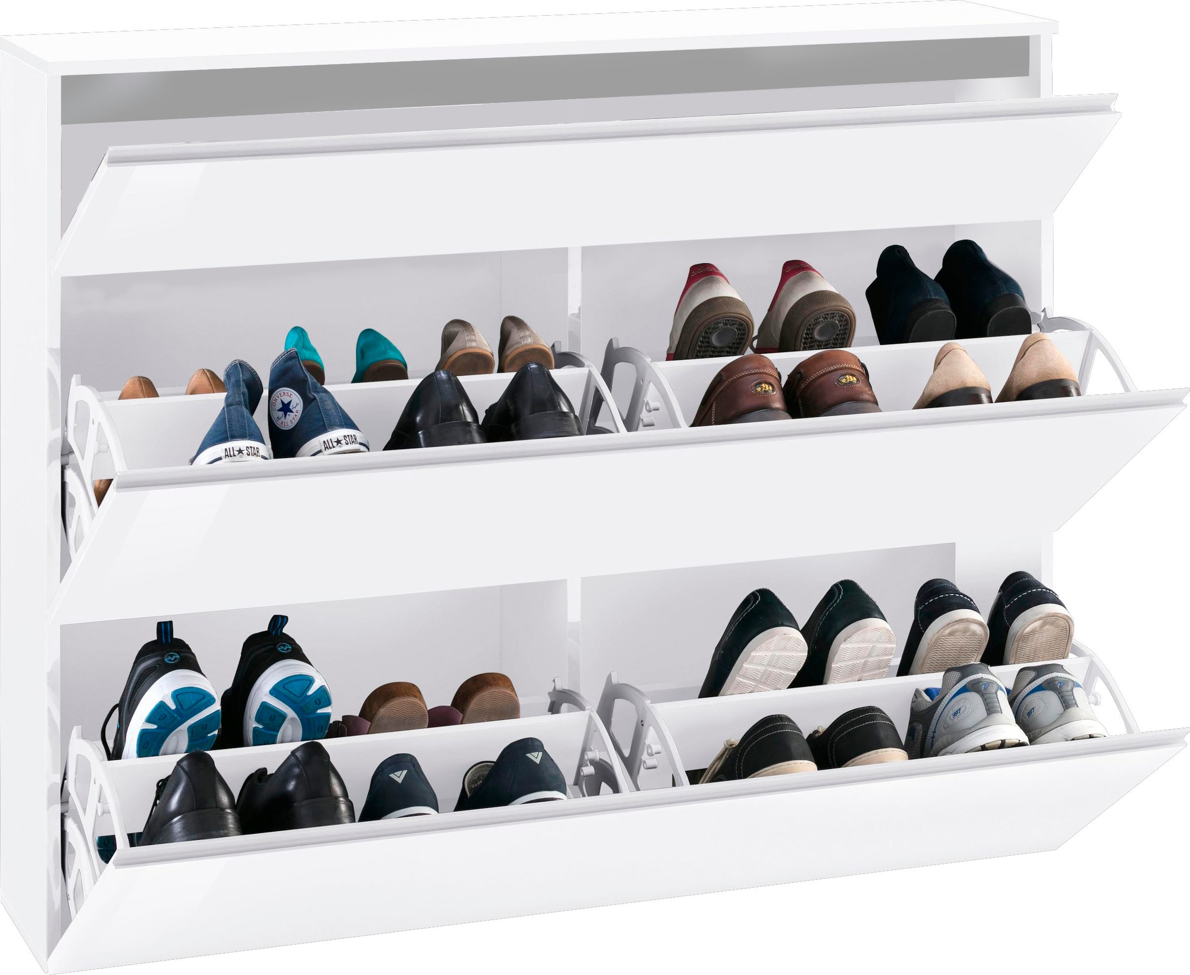 INOSIGN Schuhschrank »Magic Schuhschrank, Schuhkommode, Schuhregal, softgriff« 3 Klappen,Doppelschuhtrommeln,hochglanz lackiert oder matt,Breite 120