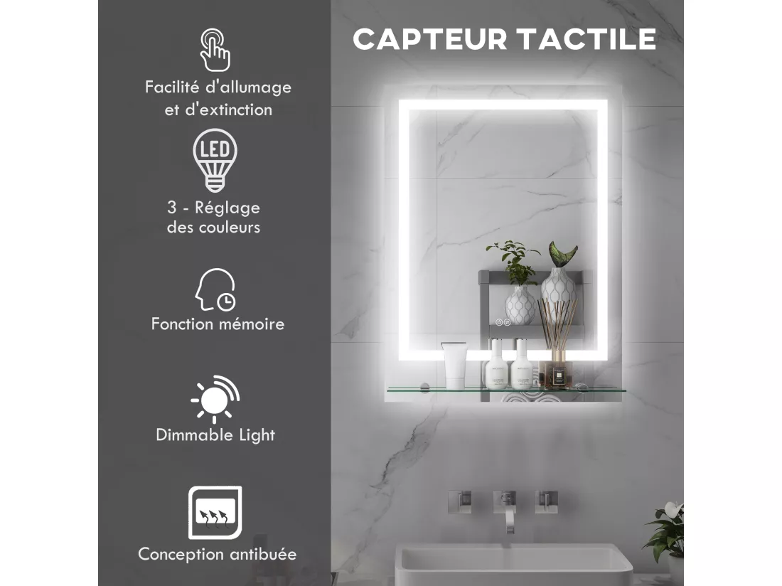 Miroir lumineux LED 43W antibué réglable interrupteur tactile étagère intégrée 60L x 14P x 80H cm