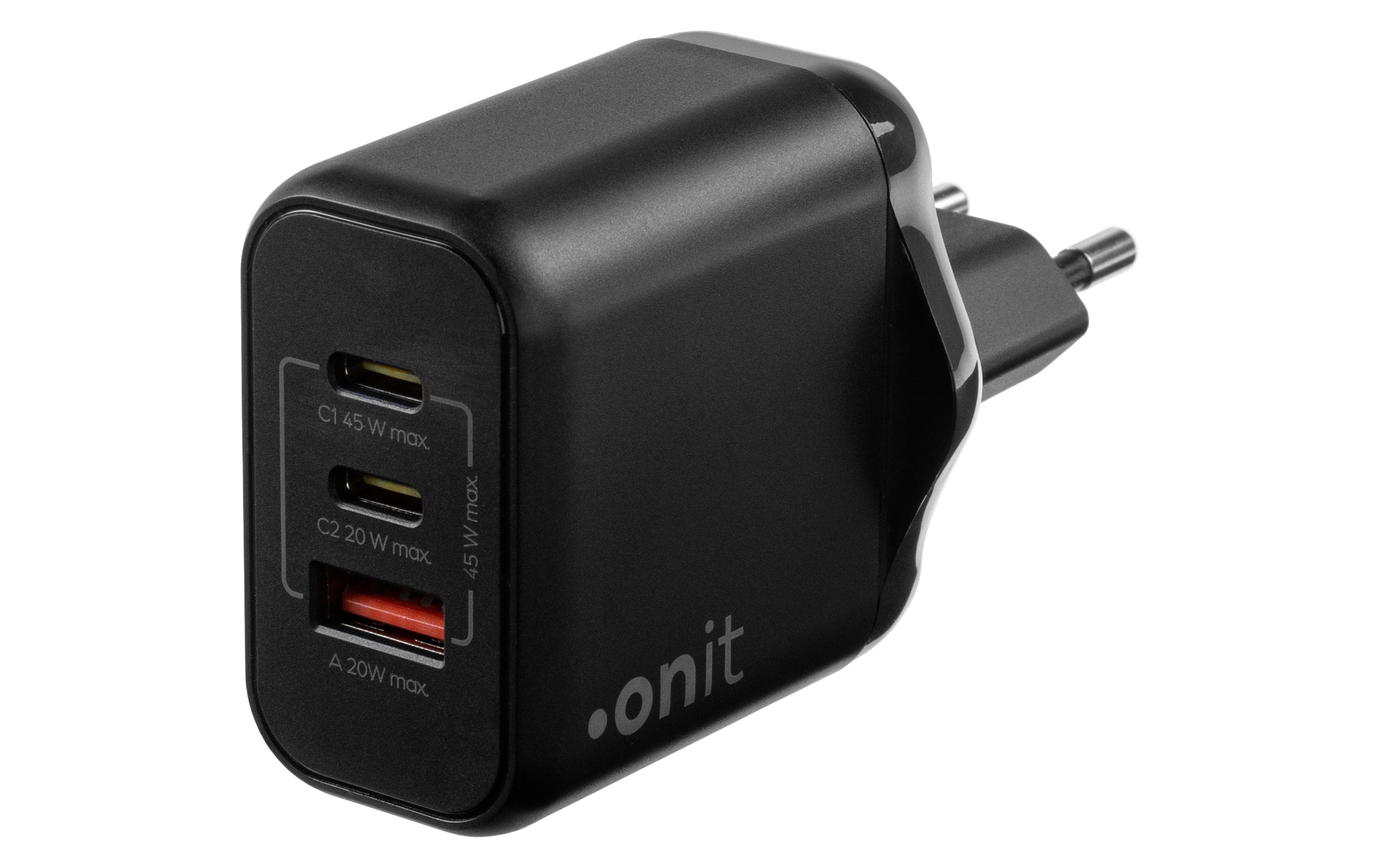 USB-Wandladegerät Triple 2C1A 45 W GaN SchwarzLadeadapter mit zwei USB-C-Ports und einem USB-A-Port