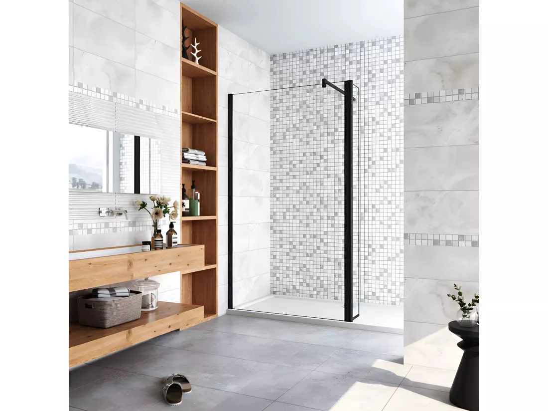 Paroi de douche à l'italienne avec retour pivotant 150+40x200cm avec barre de fixation 140cm en carré - Noir Mat - 8mm verre anticalcaire