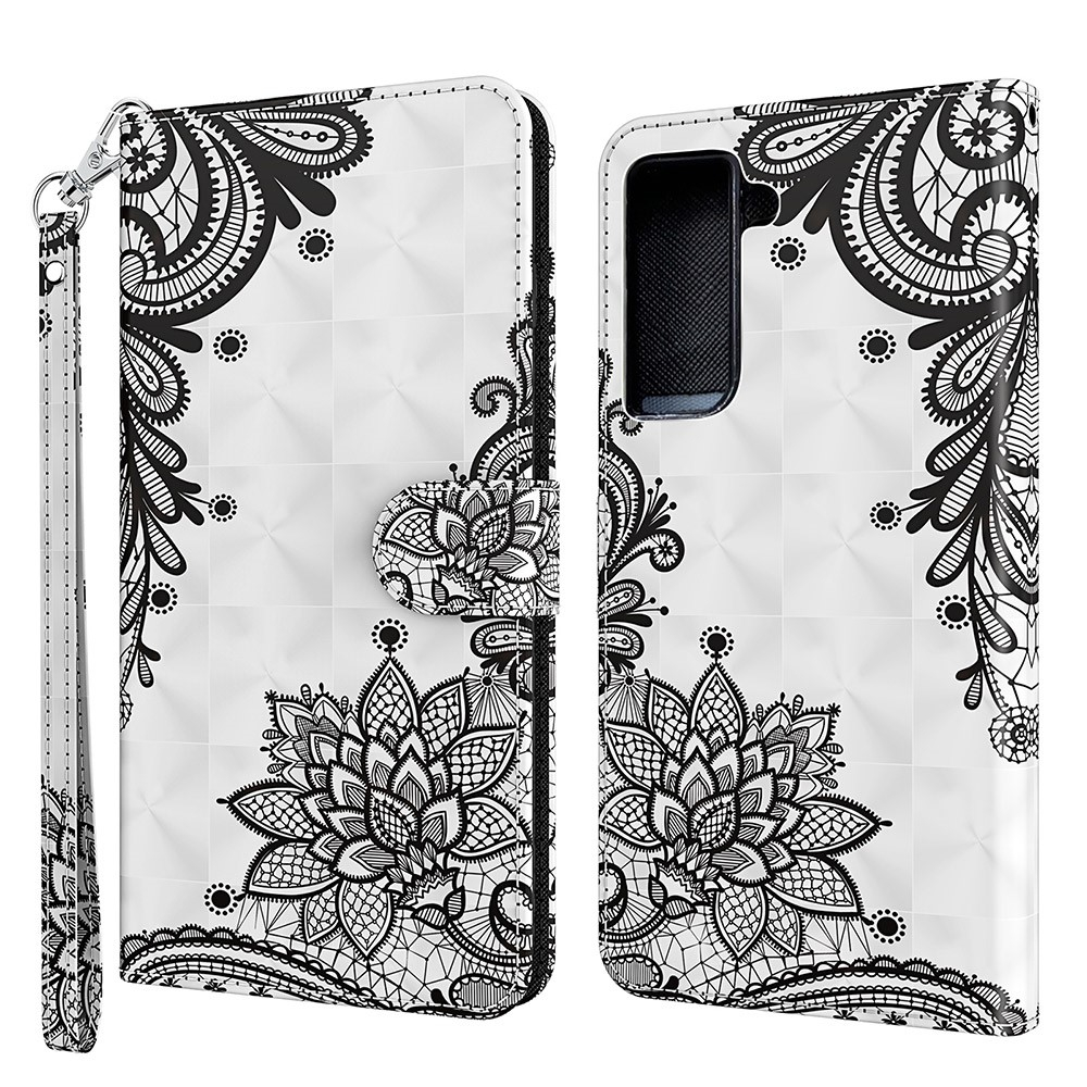 Samsung Galaxy S21 FE 5G Leder Tasche mit Kartenfach   Handschlaufe - Blumen Mandala (Weiss)