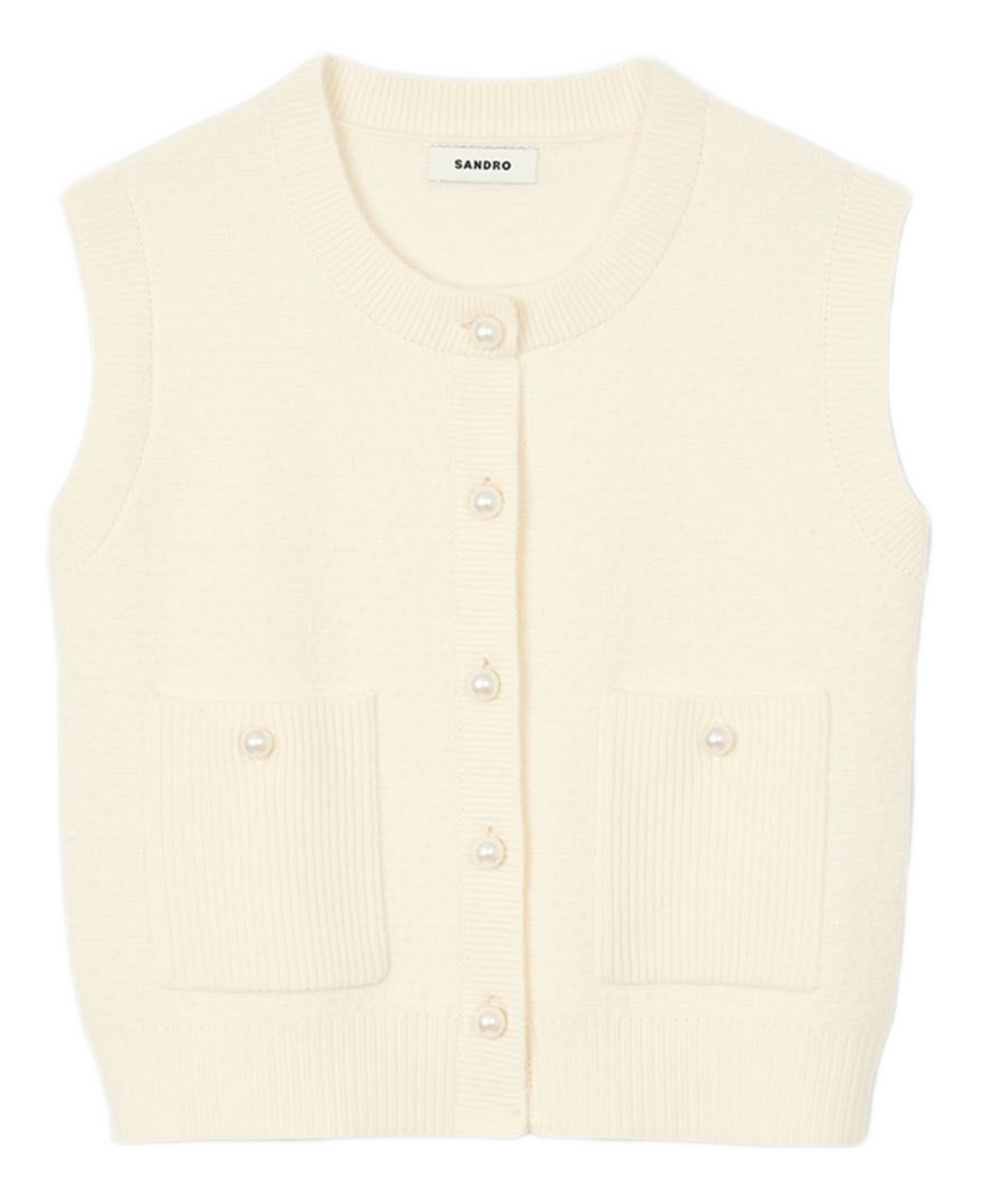 Cardigan court sans manches à boutons fantaisies | Blanc