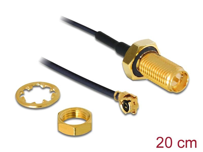 Delock Antennenkabel RP-SMA zu MHF I, 0.2 m Delock Antennenkabel RP-SMA Buchse zum Einbau zu MHF I Stecker 1.13 20 cm Gewindelänge 10 mm spritzwassergeschützt