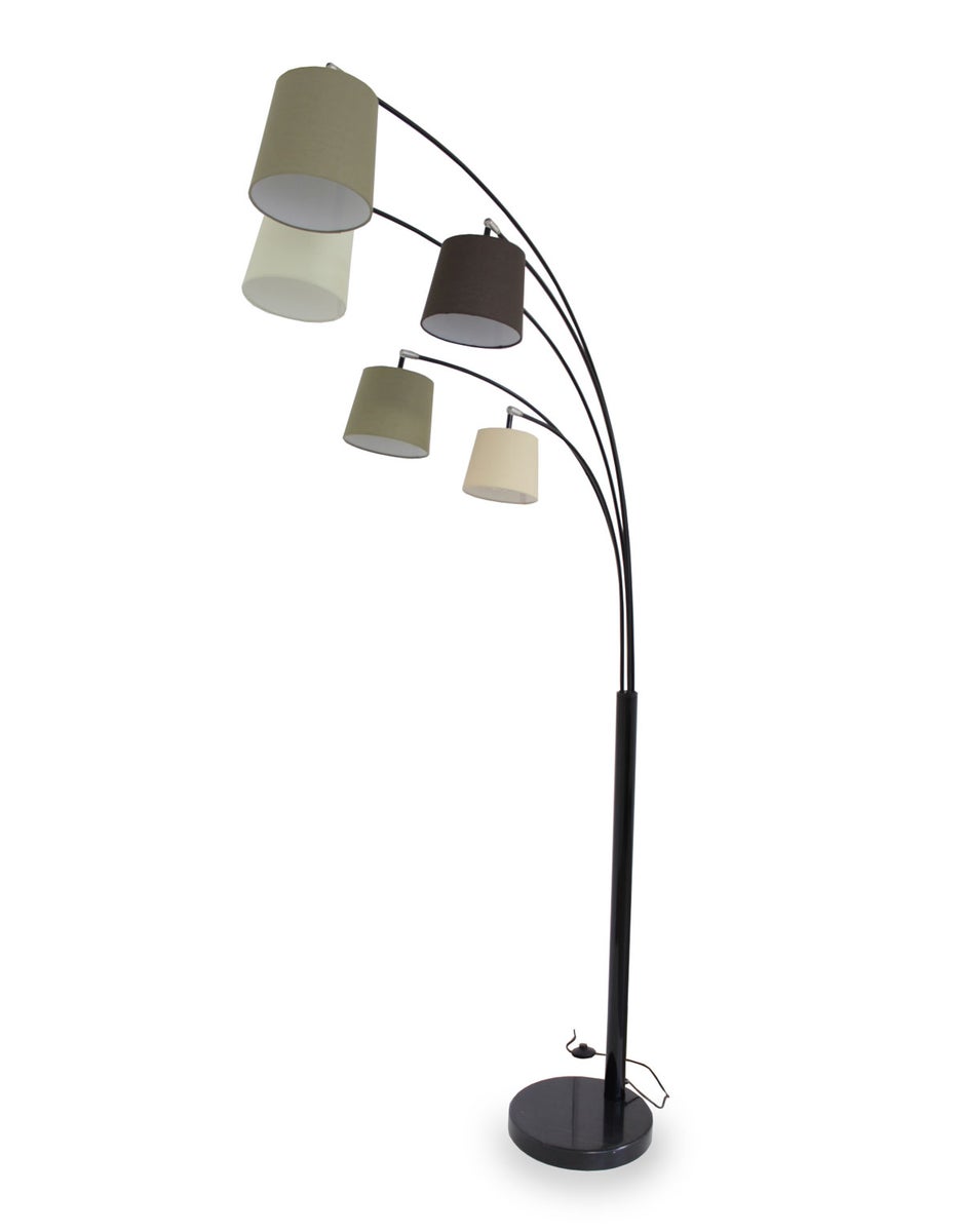 Nivia 5-armige boogvloerlamp, zwart, stoffen kappen in bruine tinten, 225 cm, 11041