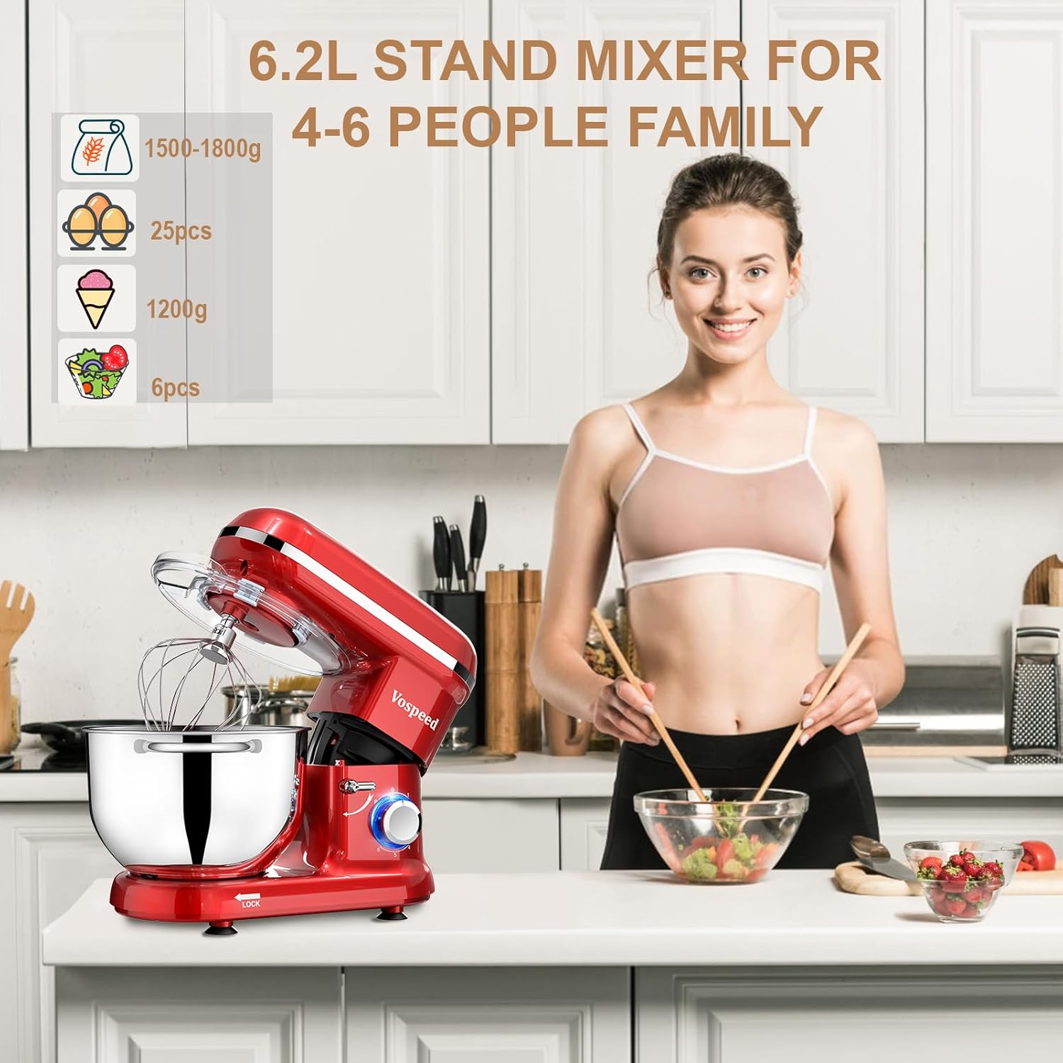 Vospeed Robot Patissier 1500W, 6QT Gateau Mélangeur lectrique Cuisine Avec Acier Inoxydable Bowl, Batteur, Crochet Pétrisseur, Fouet Pourcuisson, Lave-vaisselle (Noir)