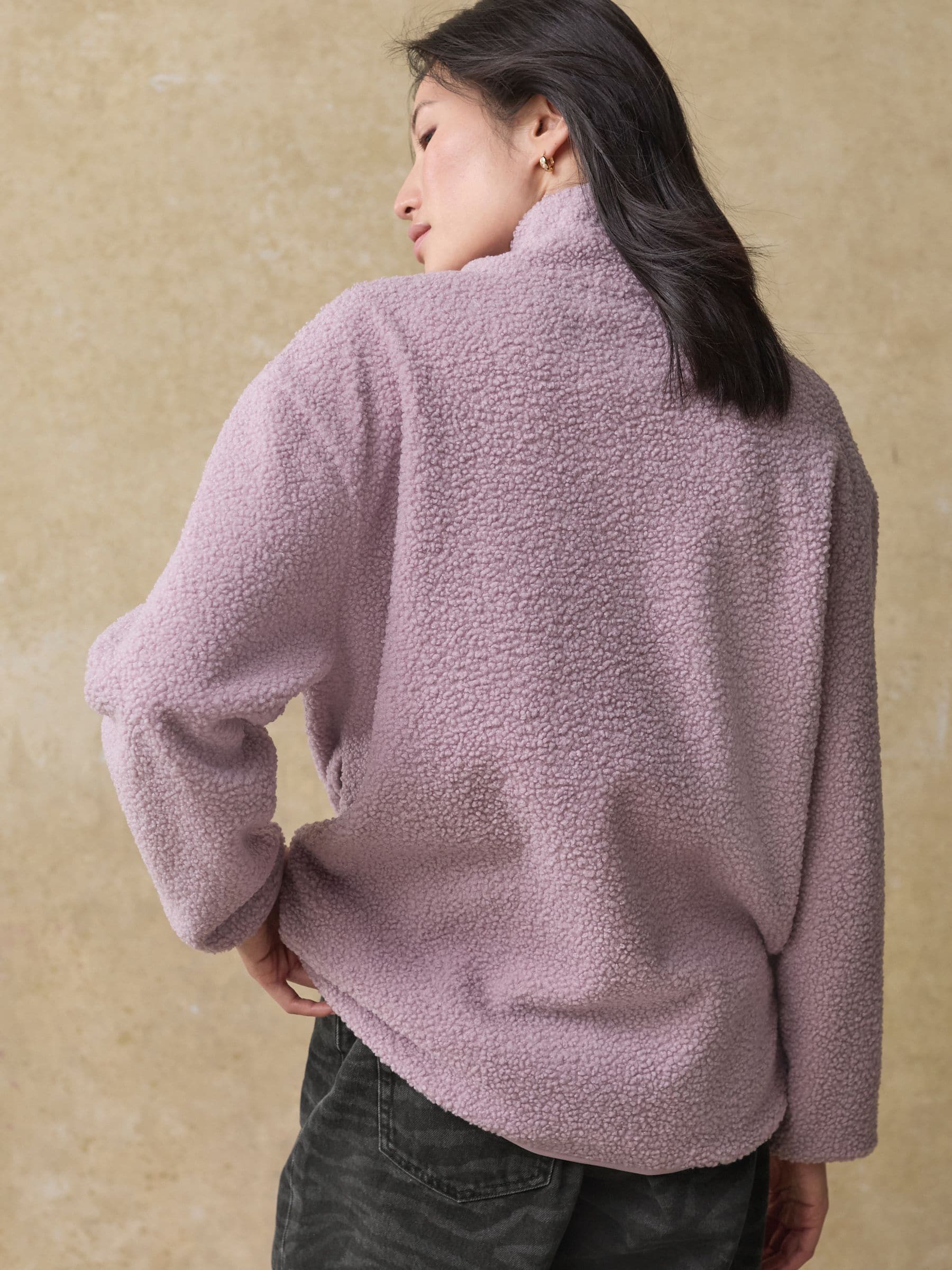 Mauve-paars - Teddy Borg knusse lange fleece met kwart ritssluiting