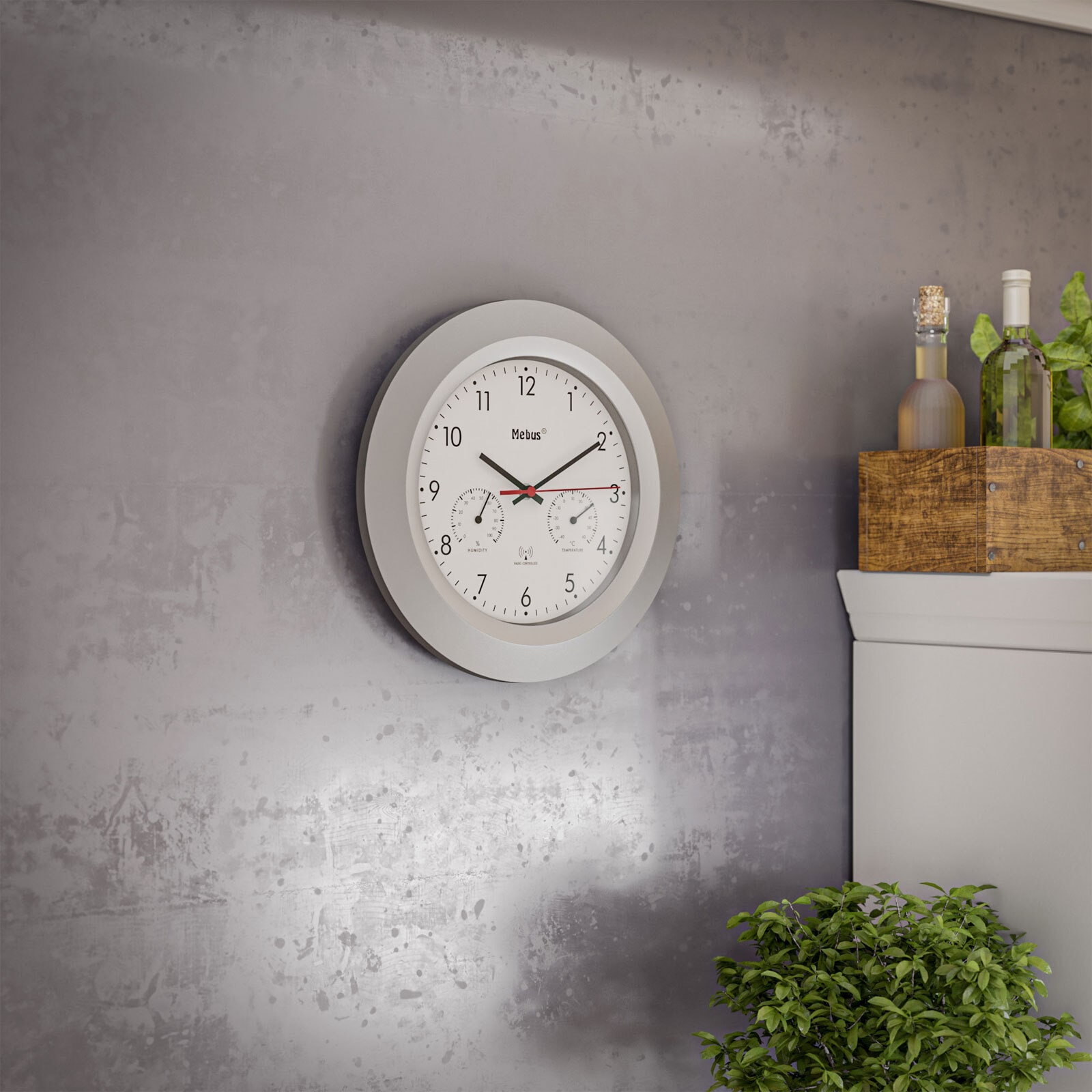 Mebus Funk-Wanduhr mit Thermo- und Hygrometer 30 cm silberfarbig