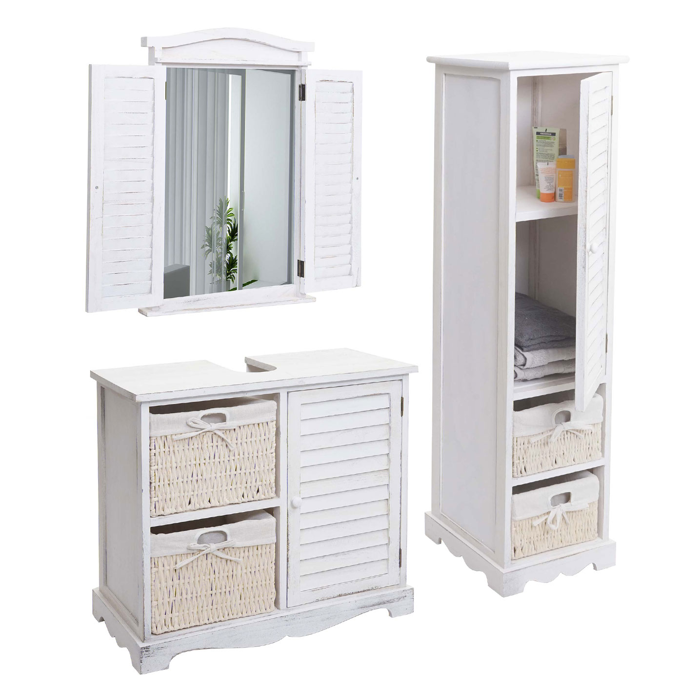 Badezimmerset MCW-H20, Badmöbel-Set Hochschrank Waschbeckenunterschrank Wandspiegel ~ shabby weiß