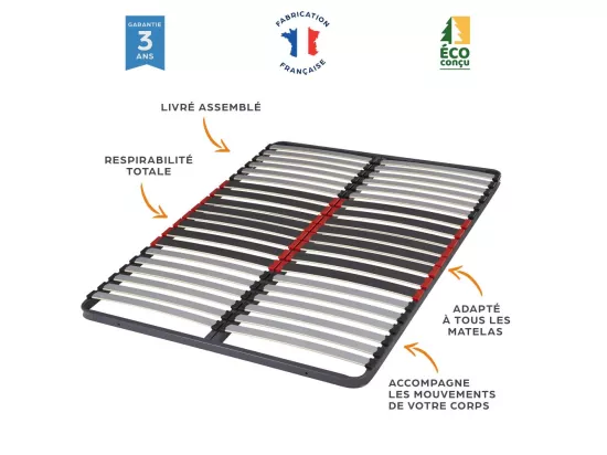 Sommier à lattes + pieds 140x190 C34 - 40 lattes bois - Fabrication française
