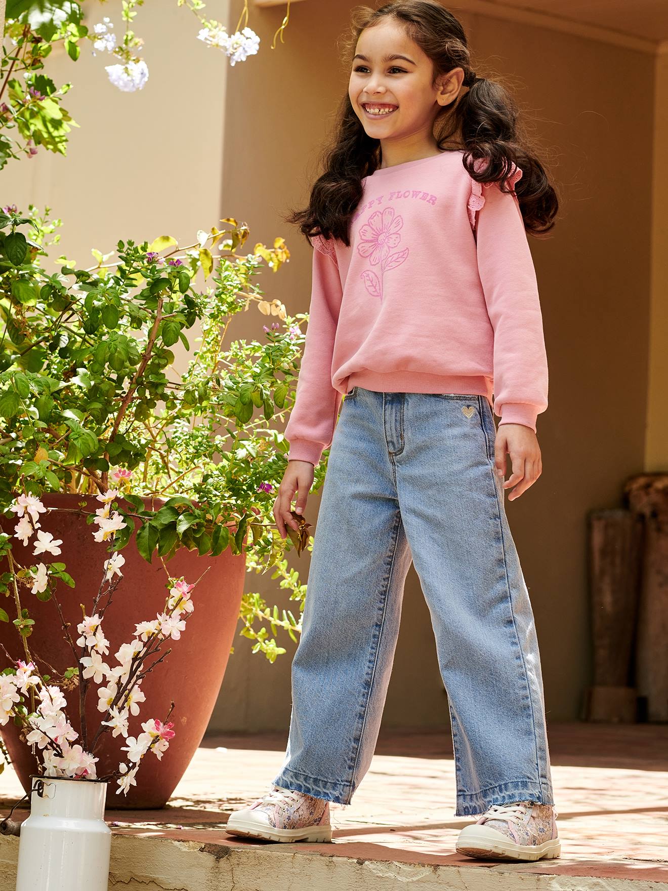 Calça jeans de perna larga com barra desfiada para meninas, jeans azul