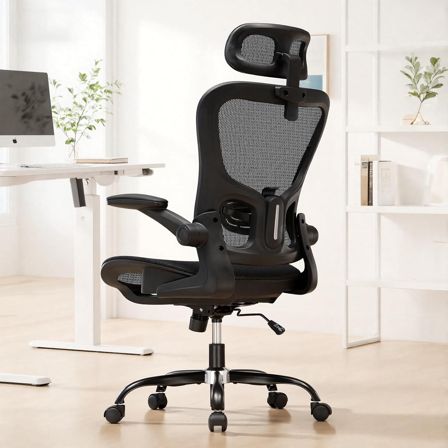 GTPLAYER Bürostuhl Ergonomisch, Schreibtischstuhl mit Verstellbarer Kopfstütze, Armlehnen, Lendenwirbelstütze, Büro Stuhl & Gaming Stuhl Wippfunktion, Chefsessel aus Mesh, 150kg(Schwarz)